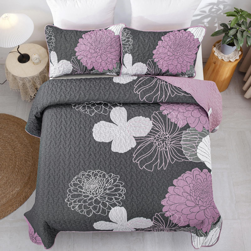 Ensemble de courtepointe 3 pièces avec imprimé floral, Courtepointe pour lit grand + deux taies décorati, Gris / Rose