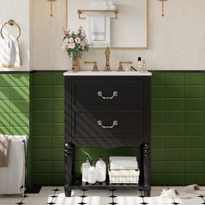 Meuble-lavabo de salle de bain avec lavabo en céramique de 24 po, deux tiroirs, tablette ouverte, vague rétro élégante, look de palais rétro, déversement de lavabo brillant, robinet de 8 po convenant à un rangement en forme de U, motif à vagues, style