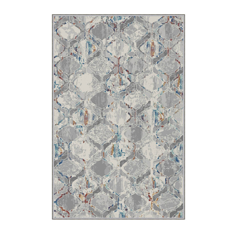 Tapis gris / ivoire en polyester fabriqué à la machine Delma, Rectangle 5 pi 3 po x 7 pi 7 po