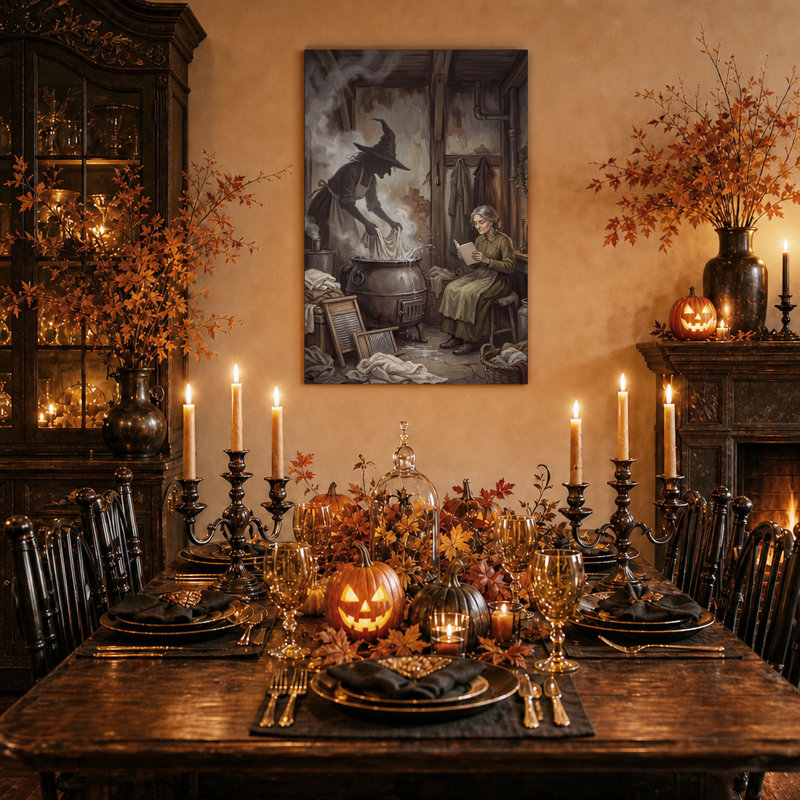 Sorcière et femme dans une buanderie rustique - Toile murale d'Halloween, 36"H x 24"W
