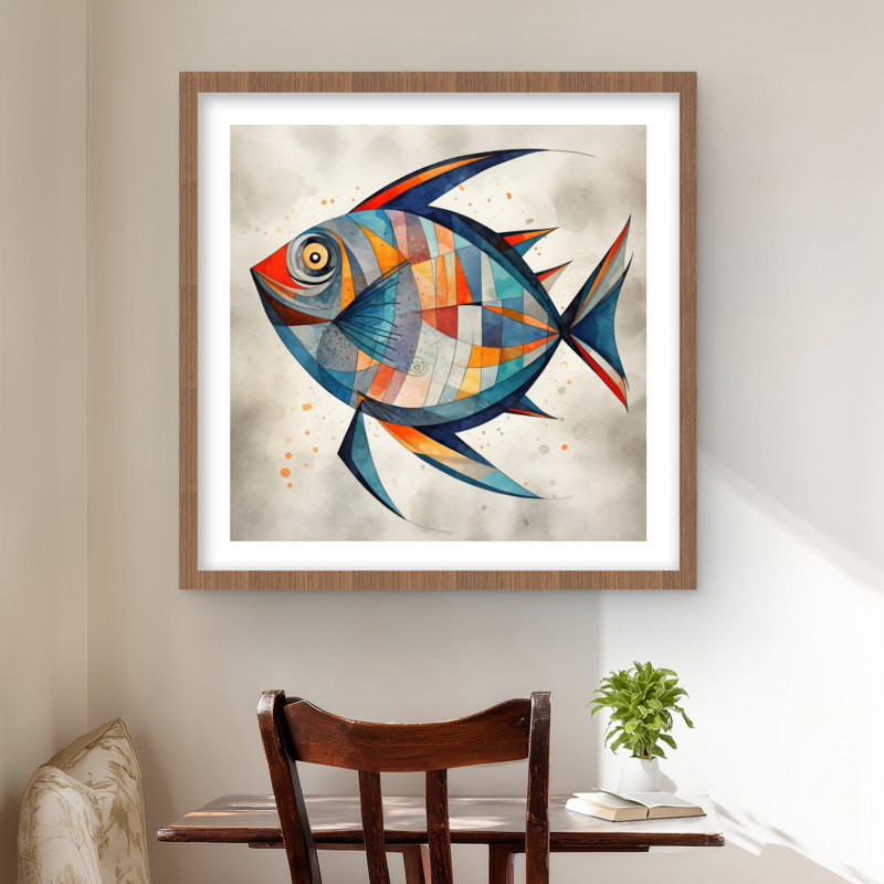 Poisson géométrique - Reproduction aquatique illustrative pour la décoration intérieure, H 24 po x l 24 po, Brun