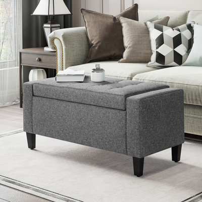 Repose-pieds avec rangement, banc de rangement rembourré en lin avec plateau relevable et capitonnage à boutons pour le salon, gris