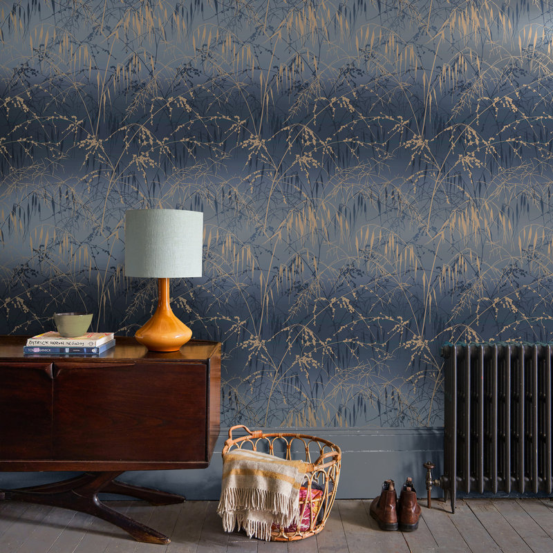 Clarissa Hulse Meadow Grass Olive Wallpaper, Blue