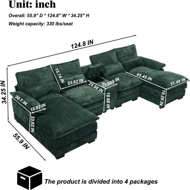 124" Sectional Sofa with Chaise, Oversized U Shaped Chenille Sectional Couch with Storage Console and Cup Holders,USB USB Ports