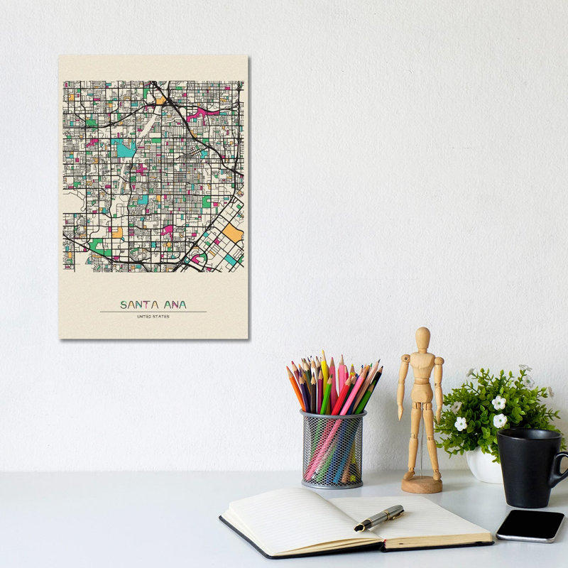 Santa Ana, California Map by Ayse Deniz Akerman - Wrapped Canvas Gallery-Wrapped Canvas Giclée, 20.32 cm H x 30.48 cm W
