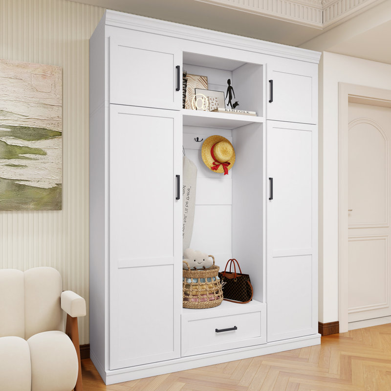 White Hall Tree With Bench And Shoe Storage,Farmhouse Hall Tree With Doors,Mudroom Bench With Storage,Mudroom Cabinet Furniture,Entrance Organizer For Hallway, Entryway