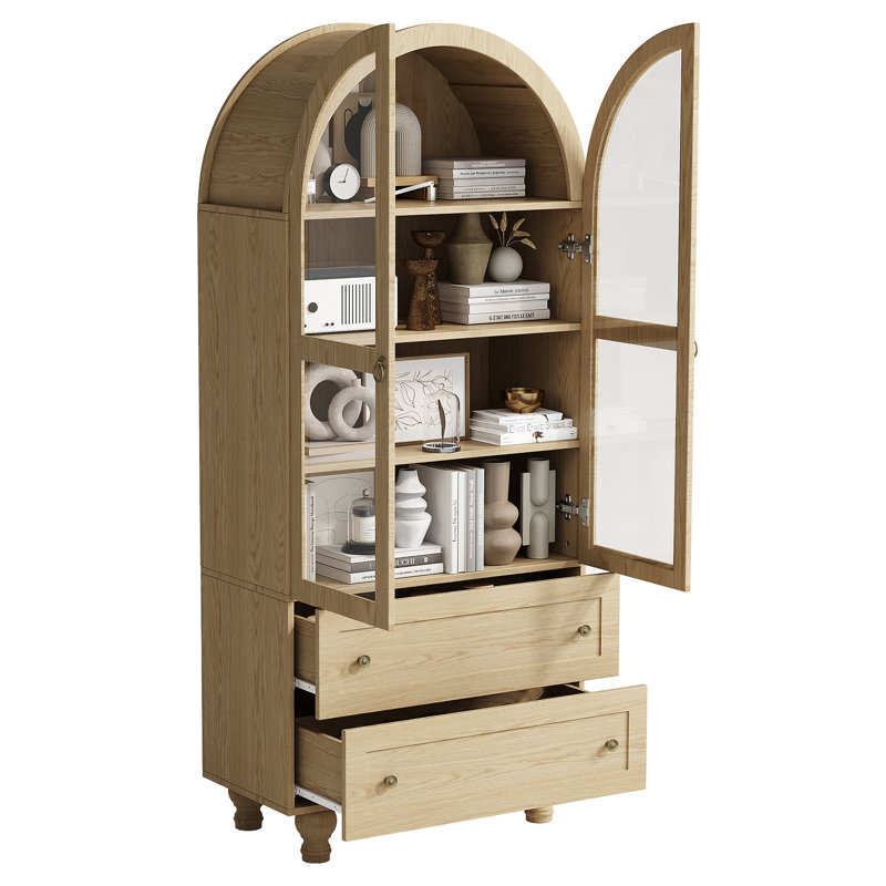  Bibliothèque arquée 71 "avec rangement pour garde-manger avec porte vitrée, bibliothèque avec 2 tiroirs, Chêne naturel