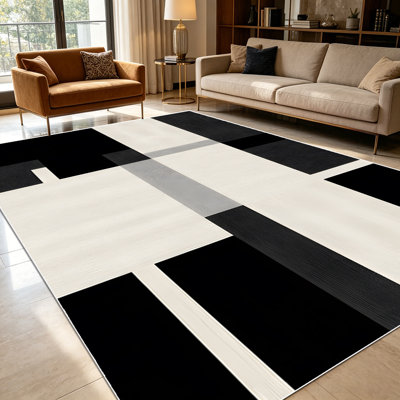 Tapis 1 pièce noir, blanc, gris, géométrique, à patchwork minimaliste pour le salon, doux et confortable, adapté à toutes les saisons, facile à entretenir, lavable à la machine, tapis de table sous la table convenant à la salle à manger, à la chambre à coucher ...