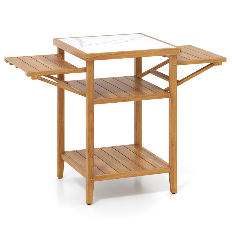 Table de barbecue d'extérieur en bois d'acacia, plateau de table en faux marbre résistant aux taches et panneaux latéraux rabattables rabattables, finition anti-corrosion résistante aux intempéries