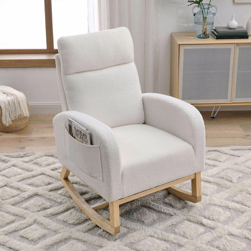 Chaise berçante à haut dossier en peluche avec poches latérales l 27,6 po