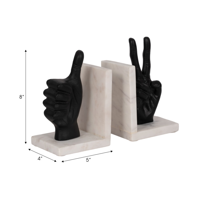 Modern Metal and Marble Hand Gesture Bookends, Decorative Stone and Aluminum Display Accents, Set of 2, Black