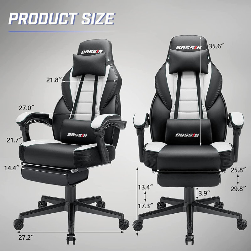 BOSSIN Gaming Chairs with Footrest, Ergonomic Computer Game Chairs with Lumbar Support, White/Black