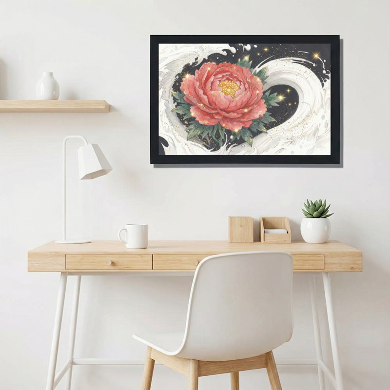 Ensemble de 1 tableau sur toile tendue représentant une pivoine et des vagues cosmiques, H 16 po x l 24 po