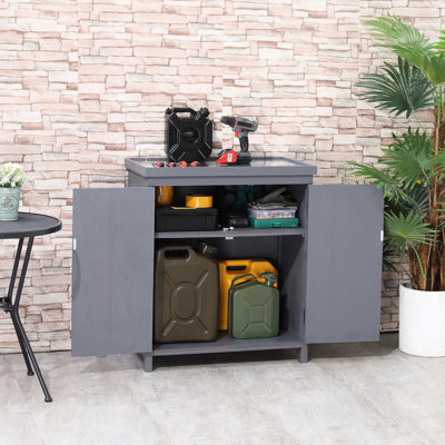 Outdoor Cabinet With Galvanized Top - Grey For Storing Yard Tools, Shovels, And Trimmers Storage Unit Shelves Tools Pool Accessories
