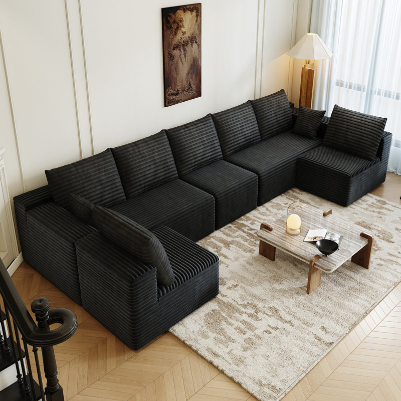168.5" Modular Sectional Sofa, Oversized U-Shaped Minimalist Couches with 3 Middle Seats  Chaise, Modern Deep Seat Convertible Sleeper Sofa, Cloud Plush Corduroy Fabric,7 Seater