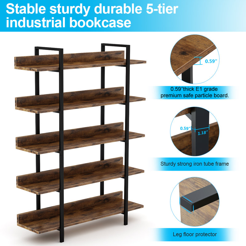 Bookshelf Bookcase Storage Rack Standing Shelf 5-Tier Industrial Bookcase Honesdale
