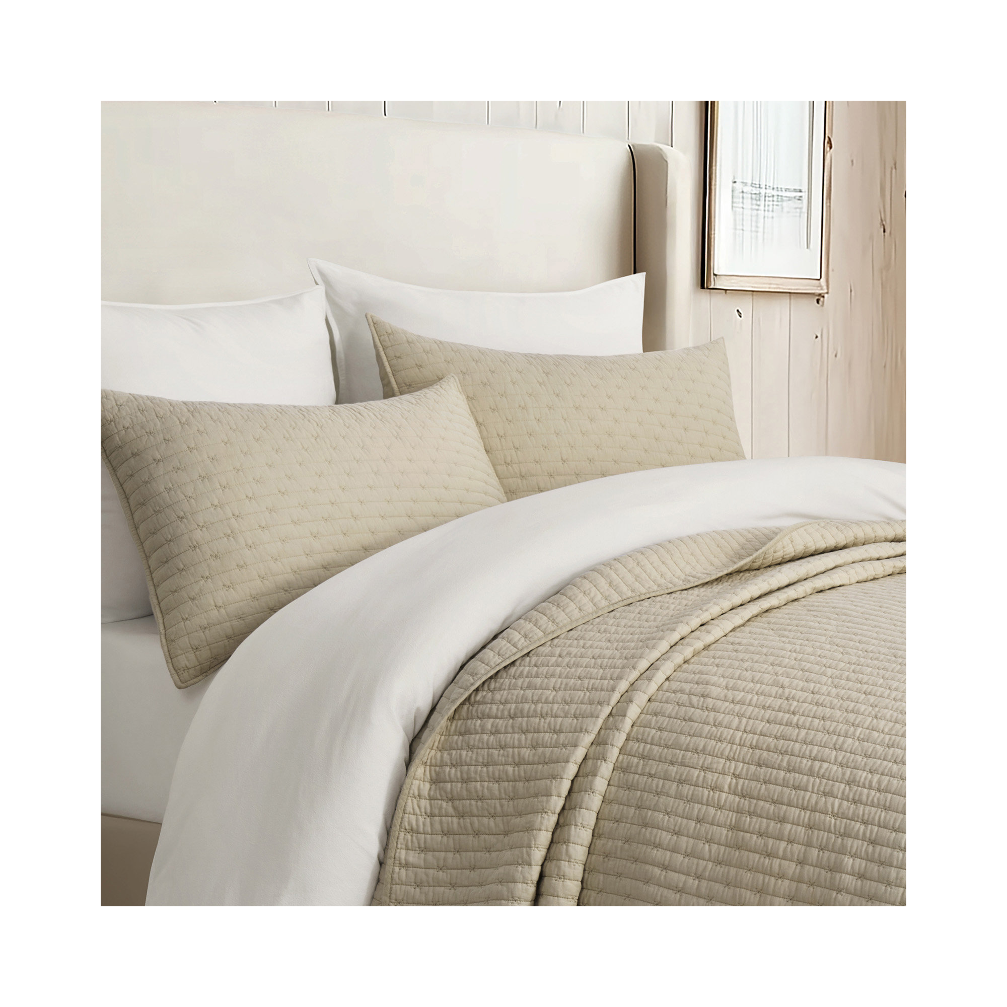 Cross Stitch Cotton Quilt set, Queen, Khaki Tan