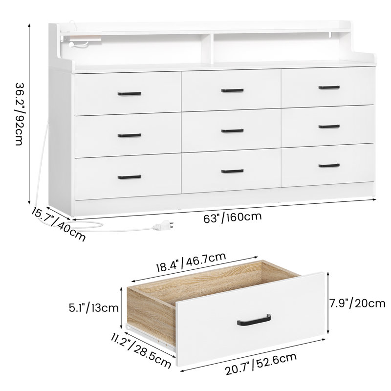 White 9 Drawer Dresser with Charging Station & Led Lights for Bedroom, 63" Large Deep Chest of Drawers,Wooden Dresser Storage Cabinet with 9 Drawers for Bedroom, Long  Dressers for Living Room, Hallway