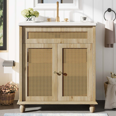 Meuble-lavabo de 30 po, portes en rotin tissé à la main, pieds en bois massif et lavabo en résine