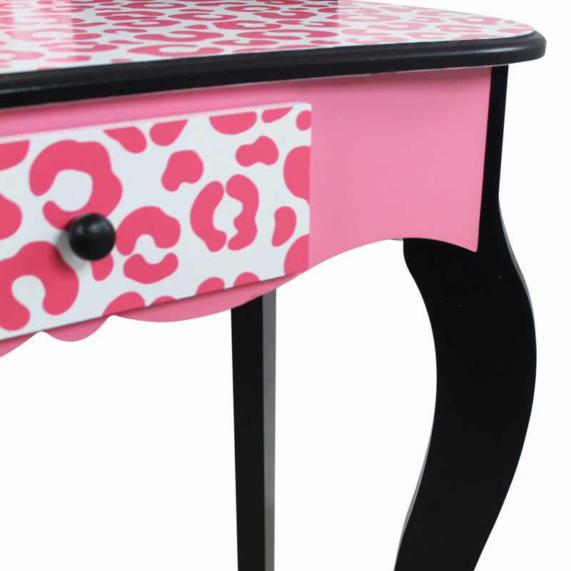 Teamson Kids Fashion Prints Animal Wooden Vanity Table & Stool with Mirror for Pretend Play Makeup, Hot Pink/Black