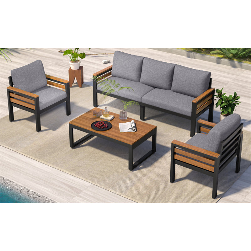 Ensemble de canapé d'extérieur 4 pièces, ensemble de conversation pour patio avec coussin amovible et table basse en bois massif pour le jardin et la cour