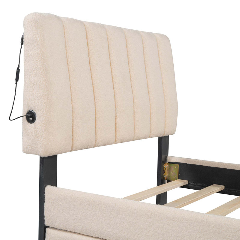 Lit plateforme tapissier simple avec lit gigogne Teddy, Beige