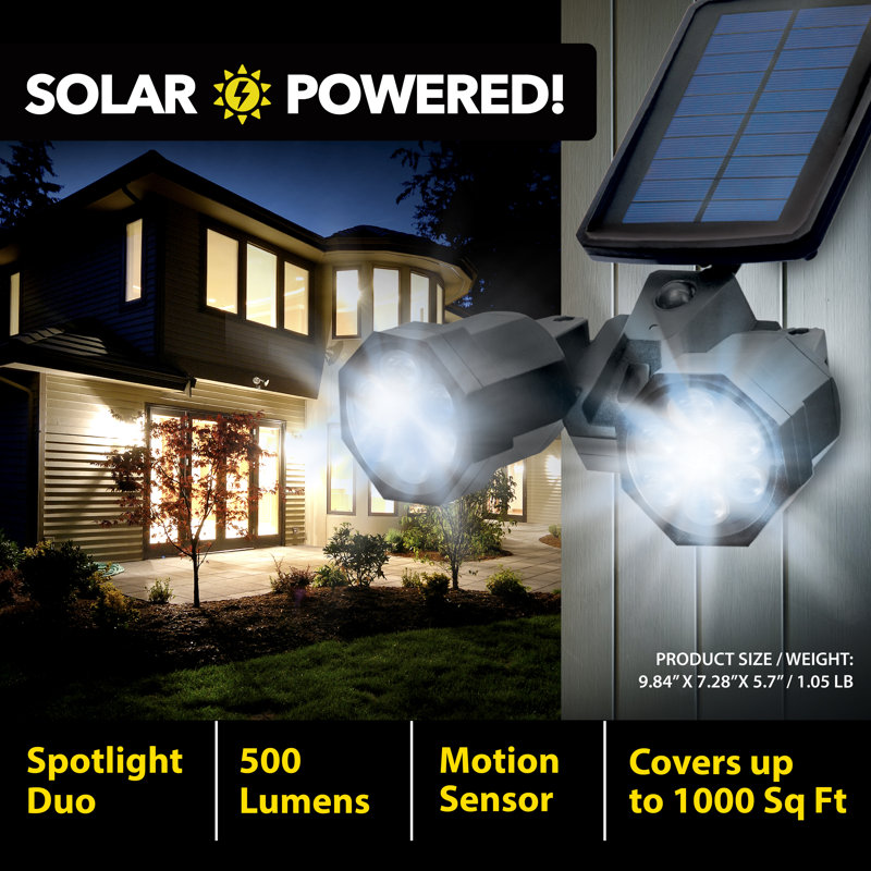 Dual Motion-Sensing Solar LED Black Spotlight, 500 Lumens Outdoor