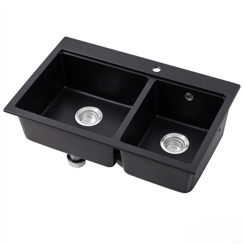 Black Quartz Composite Double Bowl Drop-In Kitchen Sink with Integrated Drainboard
