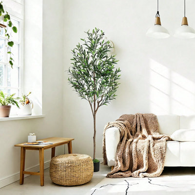 Arbre artificiel artificiel d'intérieur 6 pi, faux oliviers en pot avec des fruits réalistes et des feuilles réalistes, plantes artificielles d'intérieur pour la décoration de salon moderne de bureau à domicile