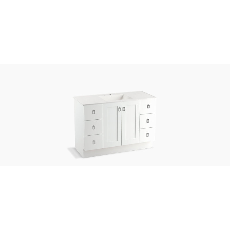 Poplin 48" Vanity Base Only with Toe Kick, 2 Doors and 6 Drawers, Split Top Drawers, Lin blanc