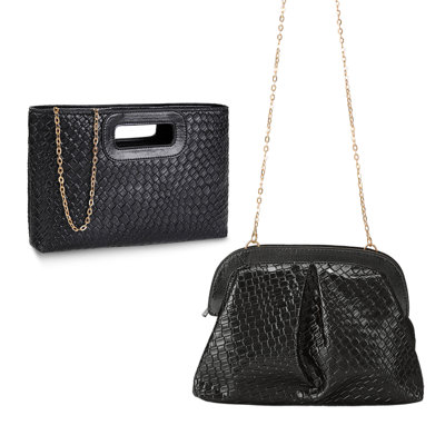 Chic Woven PU Leather Bag Set for Women - 2-Piece Black Handbag