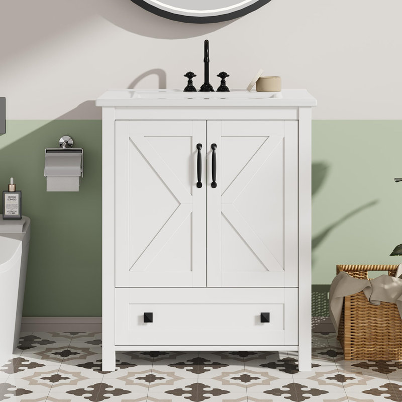 Modern Bathroom Vanity Set – 30 Inch Freestanding Cabinet with Ceramic Basin, 2 Doors & 1 Storage Drawer, Sleek Contemporary Design, Perfect for Home – White, 30 inches