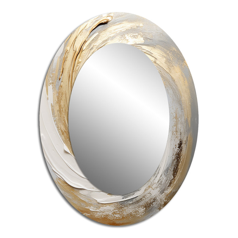 Gold And White Soft Wave Vortex III - Abstract Oval Decorative Mirror On Metal, 40" x 30"