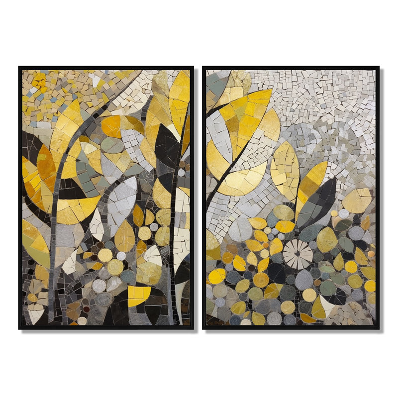 Motifs jaunes et gris en fusion artistique - art mural jaune, H 36 po x l 48 po, Impression encadrée flottante, Noir