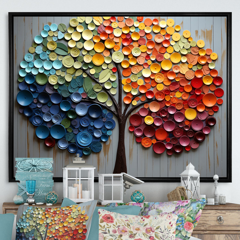 Art mural coloré arc-en-ciel coloré 4 saisons - Arbres, H 30 po x l 40 po x P 1,5 po, Cadre flottant noir