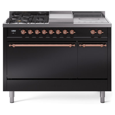 Cuisinière à double combustible ILVE Nostalgie II Series 48 po avec 5 brûleurs scellés, plaque de cuisson et table française (propane liquide, porte pleine)