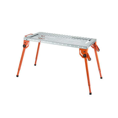 Table de soudage pliable 112 x 53 cm, établi de soudage d'une capacité de 227 kg avec hauteur réglable sur 4 niveaux, établi en acier au carbone avec 6 emplacements pour outils et trous de fixation de 16 mm pour la réparation d'assemblages de soudage