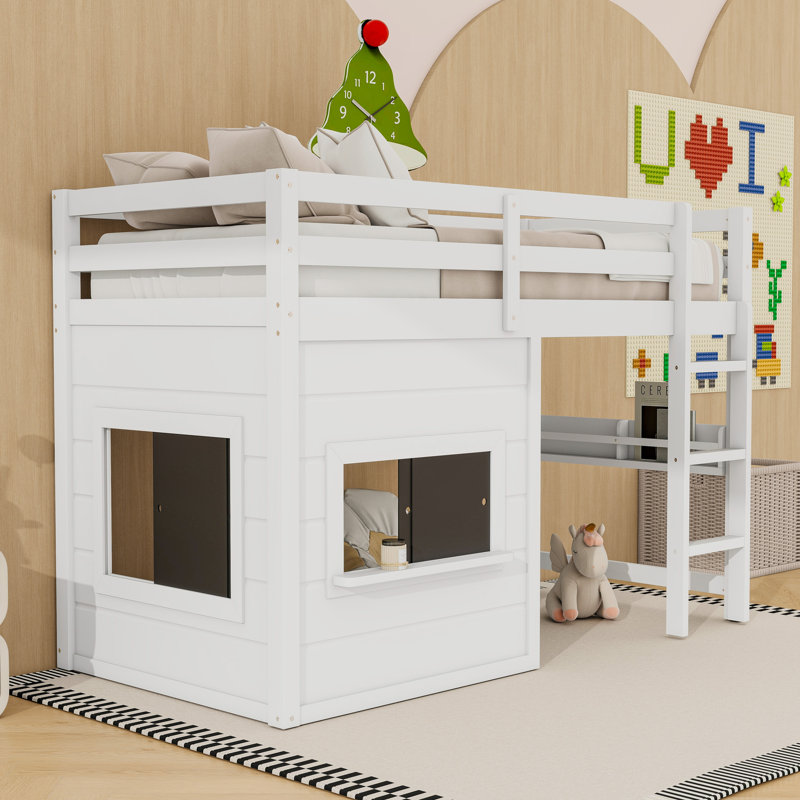Lit mezzanine en bois avec tableau noir, aire de jeu et barrières de sécurité, Twin, Blanc