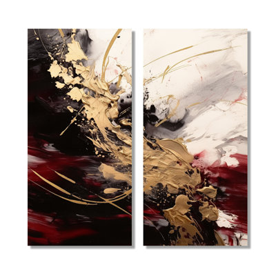 Gold And Red Fluid Fusion - Abstract Wall Art For Living Room, Gold Abstract Set Of 2
