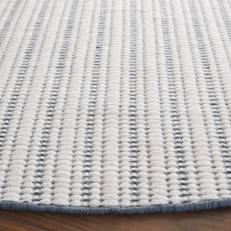 909 Hand Woven Cotton/Wool Striped Rug , Round 6', Light Blue
