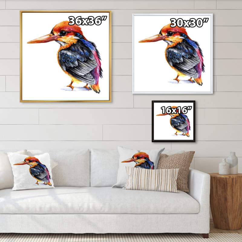 Oiseau martin-pêcheur coloré, H 36 po x l 36 po x P 1,5 po, Toile avec cadre flottant beige