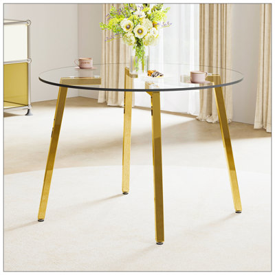 Table circulaire en verre trempé transparent de style moderne minimaliste, plateau en verre trempé, pieds en métal doré, convient pour la cuisine, la salle à manger et le salon, 42 po x 42 po x 29,5 po, 1123 po