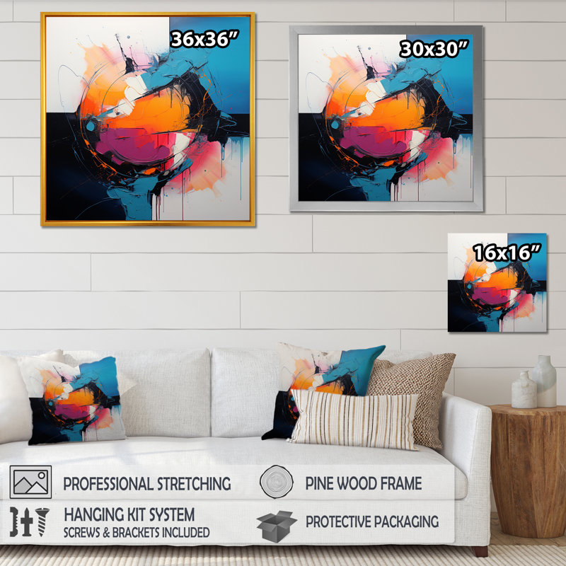«Blue and Pink Paint Ink Expression V», art mural fractal, Cadre simple noir, H 36 po x l 36 po x P 1,5 po