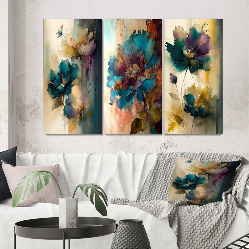 «Blossoming Wildflowers Delicate Retro Watercolor», 3 pièces sur toile, Toile tendue, H 40 po x l 60 po