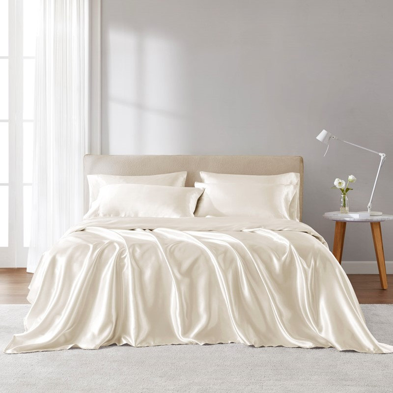 Ensemble de draps en satin de luxe, Ivoire ivoire, Couvre-lit très grand + 4 taies d'oreiller standa