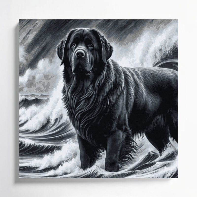Chiens, Terre-Neuve, art mural sur toile noire, H 16 po x l 16 po