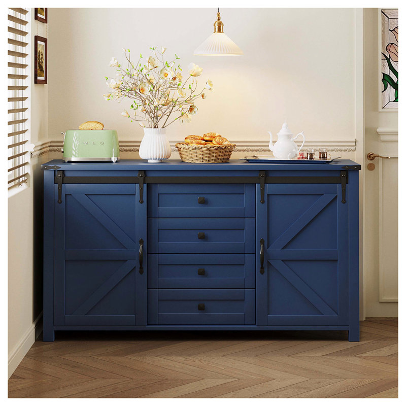 55.1-Inch Sideboard with Storage,Farmhouse Storage Cabinet with Sliding Barn Doors and 4 Drawers, Wood Buffet Table with Power Outlet