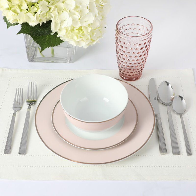 Pink Porcelain Coastal Dinnerware Set with Gold Rim, Service for 4