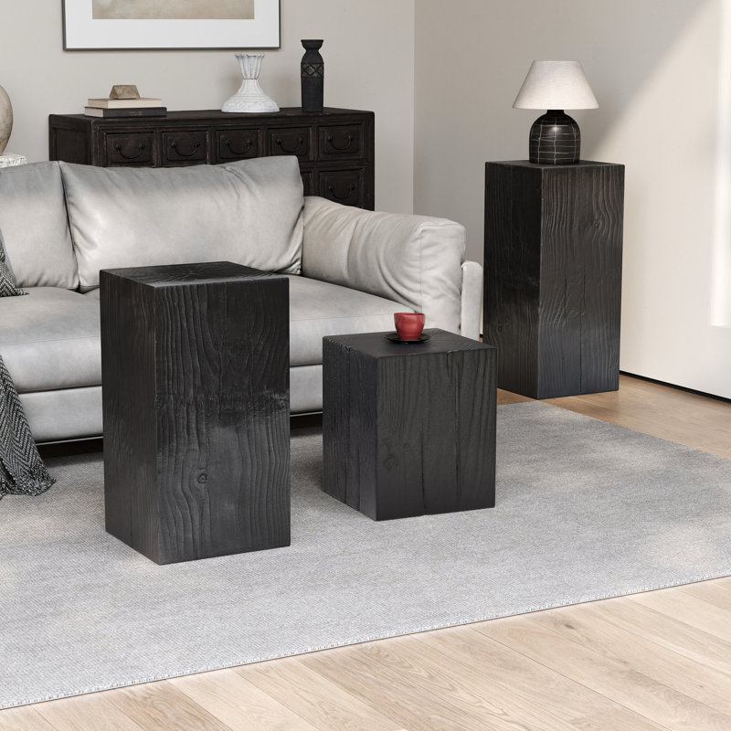 Table d'appoint moderne carrée noire à colonne avec sophistication naturelle rétro, pour les espaces intérieurs, L 14,5 po x l, arrangement de hauteurs variables et espaces extérieurs