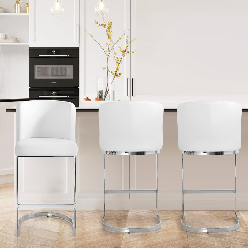Bittencourt 26'' Upholstered Counter Stool, Faux Leather-White
